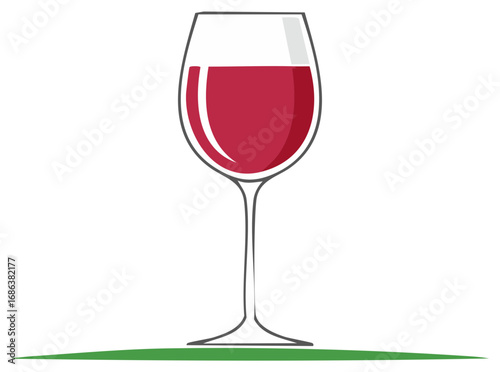 Single glass of red wine on a white background with a green line at the bottom
