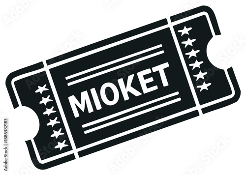 Black cinema ticket with white text "MIOKET" and stars