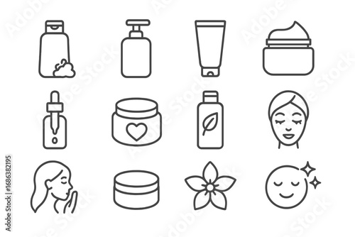 Minimal Line Icons Set for Skincare and Beauty, Facial Care Cosmetics, Hygiene Products, Spa Elements, Selfcare Treatment, Creams, Serums, Nature Extract, Wellness, Clean Face, Vector Illustration