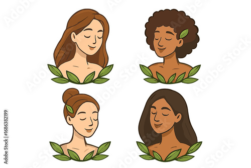 Natural beauty women logo set. Vector cartoon illustration of diverse, multi-ethnic female faces. For organic spa, eco cosmetics, skincare branding, and wellness concepts.