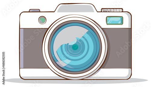 A sleek modern digital camera with a prominent lens and blue reflections, captured head on.