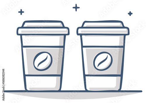 Two takeaway coffee cups with lids and bean logos in a simple hand drawn doodle style