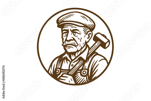 Vintage logo of an old worker with a sledgehammer. Retro mascot character of a craftsman or handyman. Senior blacksmith line art illustration for a badge or an emblem design.