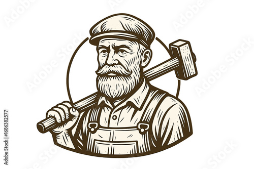 Vintage logo of an old worker with a beard holding a hammer. Retro handyman or carpenter mascot character. Line art vector illustration for craftsmanship and repair service.