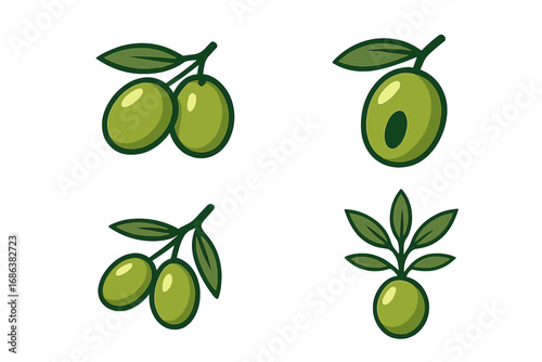 Green olive vector logo design set. Collection of flat cartoon icons showing olive branch with leaves, a sliced fruit, and a small plant. Ideal for organic food branding.