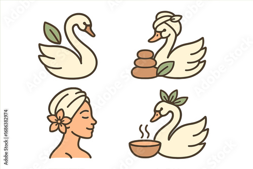 Elegant swan logo set for spa and beauty. Vector icon collection with woman, hot stones, and aromatherapy for wellness, relaxation, and holistic therapy branding concepts.