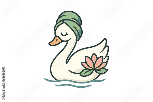 Swan spa beauty logo vector. Cute cartoon character with towel wrap and lotus flower. Concept for wellness, relaxation, salon, skincare, therapy, feminine care, cosmetics brand.