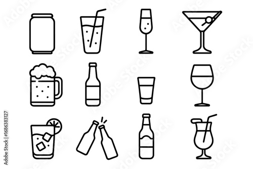 Drink and beverage line icon set. Vector collection of alcohol, bar, and party outline symbols. Minimalist pictogram with beer, wine, cocktail, soda, martini, and champagne.