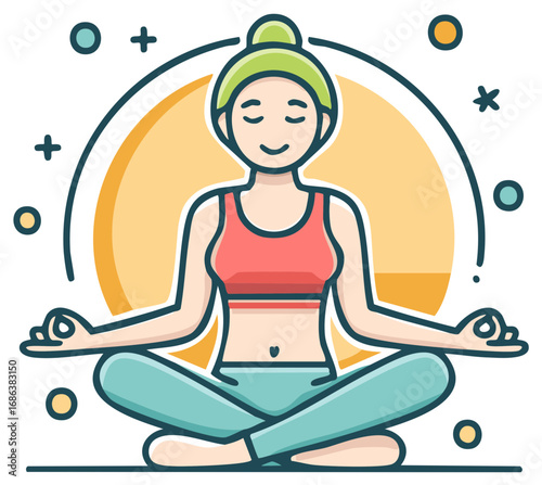 Calm woman practicing yoga meditation in the lotus position for mindfulness and wellness illustration