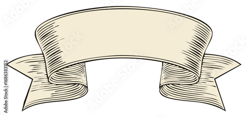 Decorative vintage ribbon banner with engraved hatching texture and blank space for text