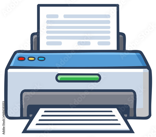 Office printer machine printing a paper document cartoon icon illustration