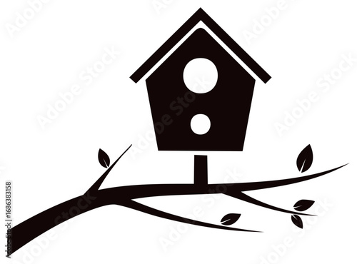 Black and White Birdhouse Silhouette with Branch and Leaves