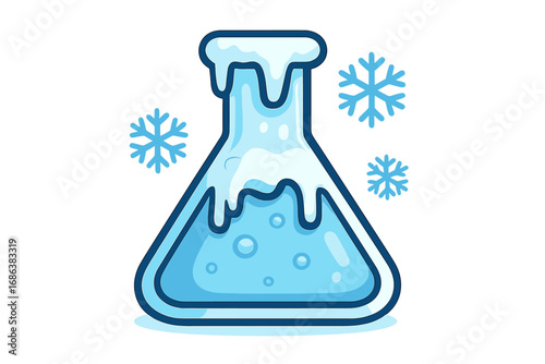 Frozen science flask icon vector. Cold chemistry experiment concept. Laboratory beaker with ice, snow and snowflakes. Chemical research cartoon illustration. Cryo liquid symbol.