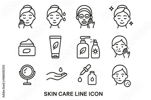 Minimalist Skin Care Line Icons Bundle. Linear Skincare Pictograms for Web Design, Beauty Apps, Social Media, Banners, Cosmetic Packaging, Spa Treatments, Dermatology, Hygiene and Wellness Concepts
