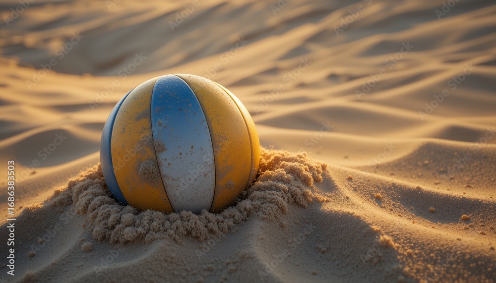 Obraz premium Volleyball partially buried in sand on a sunny beach surrounded by smooth sand dunes and soft shadow