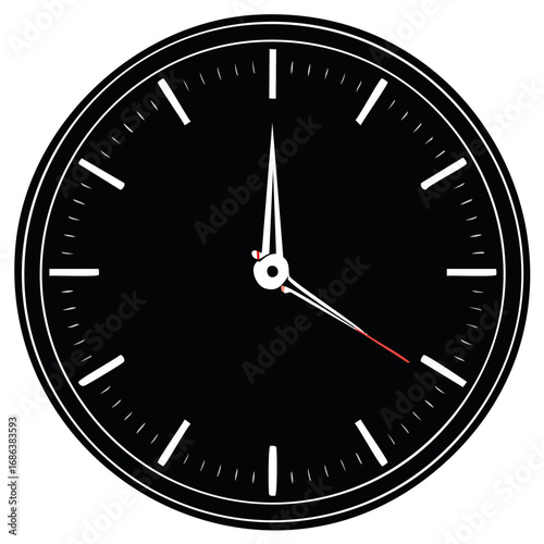 Classic black analog clock face with white hour markers and red second hand indicating past ten