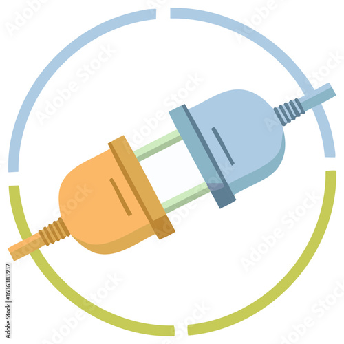 Abstract illustration of two electrical plugs connecting, symbolizing energy and connection within a circular motif
