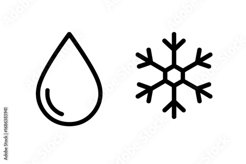 Water drop and snowflake outline icon set. Liquid water and ice crystal concept. Symbol for weather, cold, winter, freezing, snow, precipitation, climate, frost, thaw, melt.