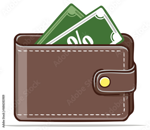 Brown leather bifold wallet full of cash money banknotes vector illustration