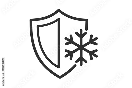 Winter protection icon with shield and snowflake. Concept of cold weather defense, frost guard and immunity. Vector line illustration for antifreeze, heating systems or forecast.