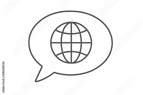 Global communication concept icon. Speech bubble with world globe pictogram. Vector line art illustration for international business, language translation, and social network.