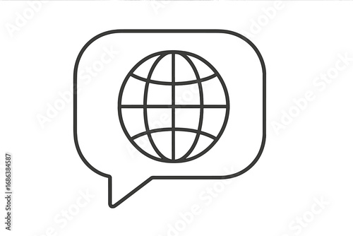 Global communication language translation. World talk icon with speech bubble and globe. International discussion. Planet earth. Internet network. Global business. Vector.