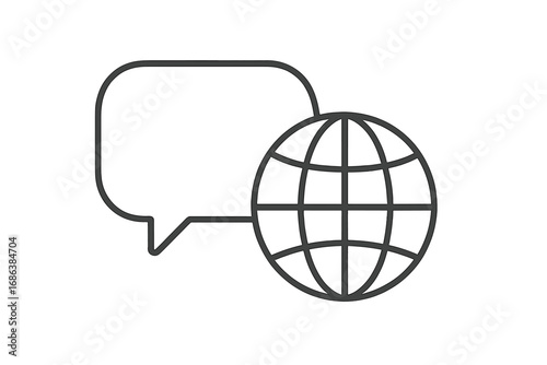 Global communication concept. International chat icon. Globe and speech bubble. World language translation pictogram. Vector line illustration. Planet earth network symbol. Web.