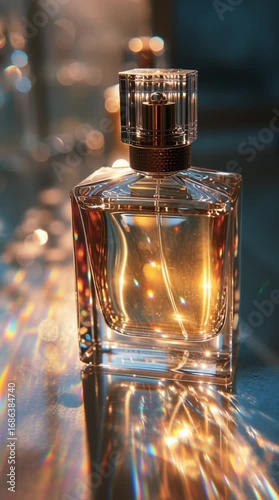 Perfume bottle glowing in studio lights, glamorous and chic, representing elegance, scent, fashion, and high-end beauty product advertising