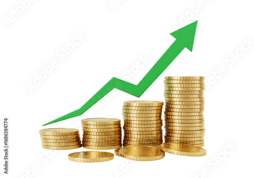 Rising gold coins with green upward arrow financial growth concept