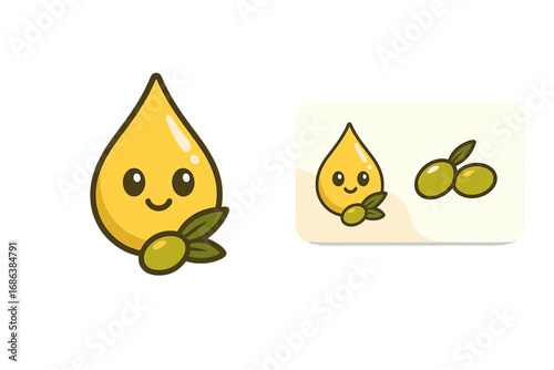 Cute olive oil drop character mascot logo. Vector illustration for brand identity. Healthy food concept with kawaii smiling droplet and green olives. Business card design set.