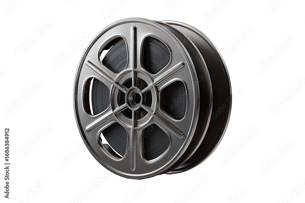 Obraz premium Close-up of a metallic film reel. Dark gray metal spool with black film