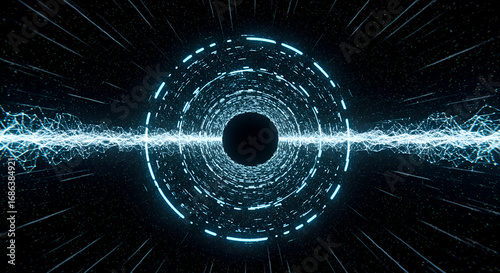 Fototapeta Naklejka Na Ścianę i Meble -  Abstract digital tunnel with glowing light patterns. Hyperspace travel concept for scientific visualization.