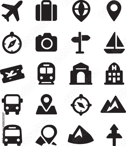 Black vector icons set for travel and tourism. Includes airplane, bus, train, luggage, hotel, camera, location pin, sailboat, mountain, and map. Ideal for apps, guides, and travel websites.
