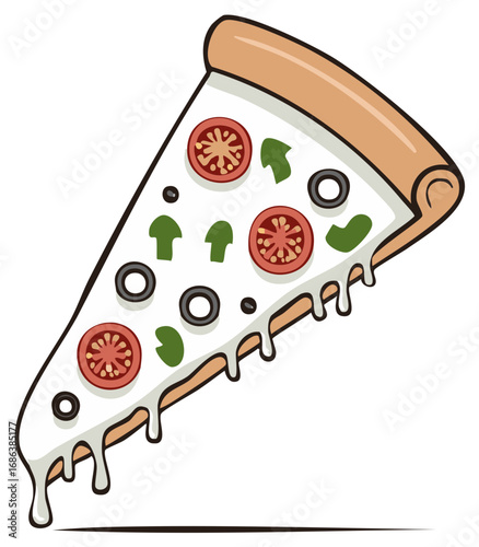 Pizza slice with mozzarella cheese, tomato, olives and mushrooms, cartoon style