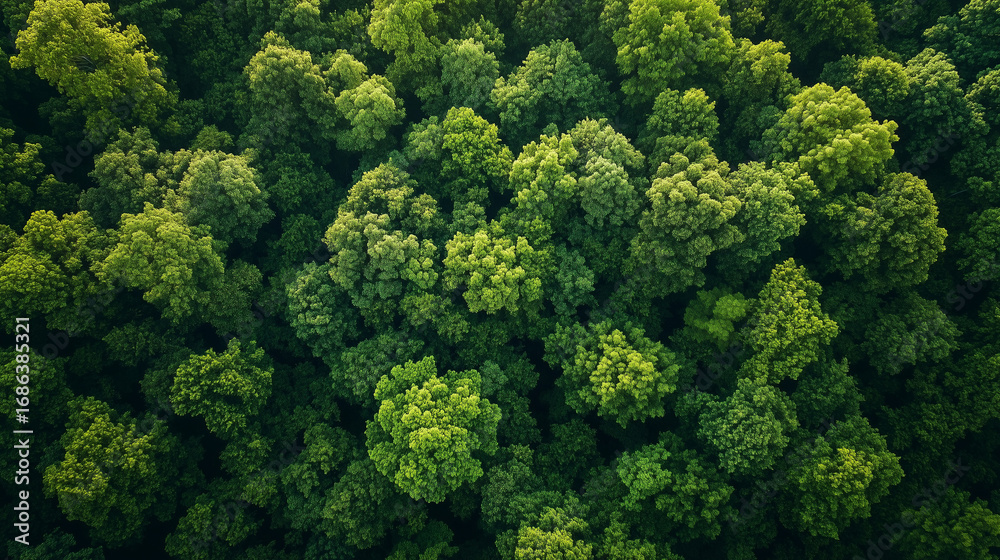 Naklejka premium Aerial view of a lush green forest, showcasing the beautiful patterns of nature in the background.