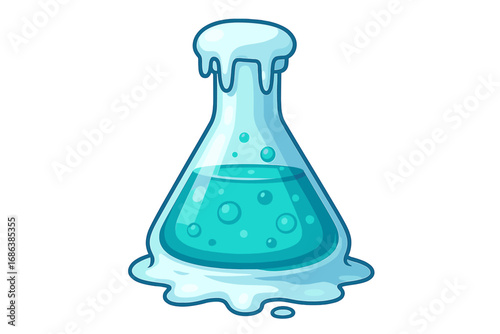 Frozen chemistry flask icon. Frost resistance symbol. Cold elixir or magic potion in glass beaker. Science lab equipment vector cartoon. Icy chemical reaction concept.