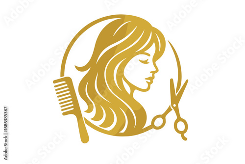 Hair salon logo. Golden woman face silhouette. Hairdresser icon concept with scissors and comb. Beauty spa branding. Female hairstyle. Luxury hairstylist brand identity design.