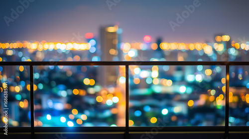 View from a balcony of a building, overlooking the city lights blurred in the distance.