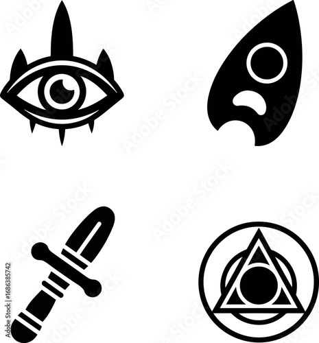 Mystical symbols representing occult practices are arranged in a grid pattern, evoking a sense of mystery and intrigue.