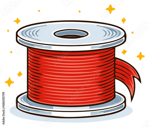 Cartoon illustration of a spool of red thread with ribbon detail and sparkles