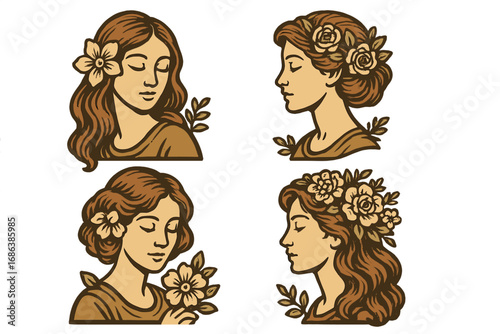 Collection of woman portraits with flowers in hair. Vintage feminine beauty head illustration set. Natural, organic cosmetics, spa or salon concept. Retro boho floral hairstyle.