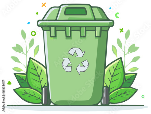Recycle bin illustration with leaves cartoon icon waste sorting concept ecology environmental awareness
