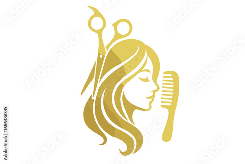 Golden woman silhouette logo for beauty and hair salon. Vector illustration of a girl with long hair, scissors and comb. Hairdresser, hairstylist, or beauty studio brand.