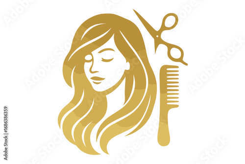 Golden hair salon logo with woman silhouette, scissors, and comb. Vector illustration for beauty parlor, hairdresser, or stylist. Concept for female hairstyle and cosmetology.
