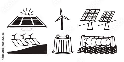 Illustrations of renewable energy sources including solar panels wind turbines and hydro power energy production 100 isolated on transparent background 