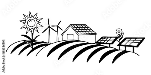 Renewable energy landscape with solar panels wind turbines and a house promoting sustainability and eco living isolated on transparent background 