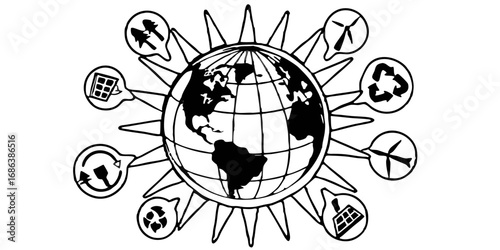 Environment earth globe ecology renewable energy solar panel wind turbine recycle conservation resources 100 isolated on transparent background 