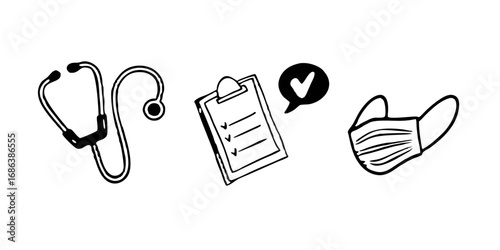 Stethoscope mask clipboard medical healthcare checkup diagnosis treatment wellness prevention health care medical tool isolated on transparent background 