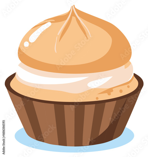 Delicious dessert cupcake with swirled orange frosting and a brown wrapper vector illustration
