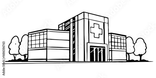 Illustration of hospital building with trees and cross medical center clinic healthcare emergency department isolated on transparent background 